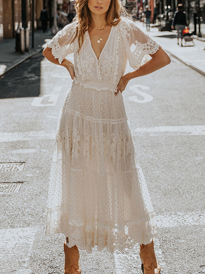 Lune London | Chiffon Lace Short Sleeve Boho V-Neck Maxi Dress