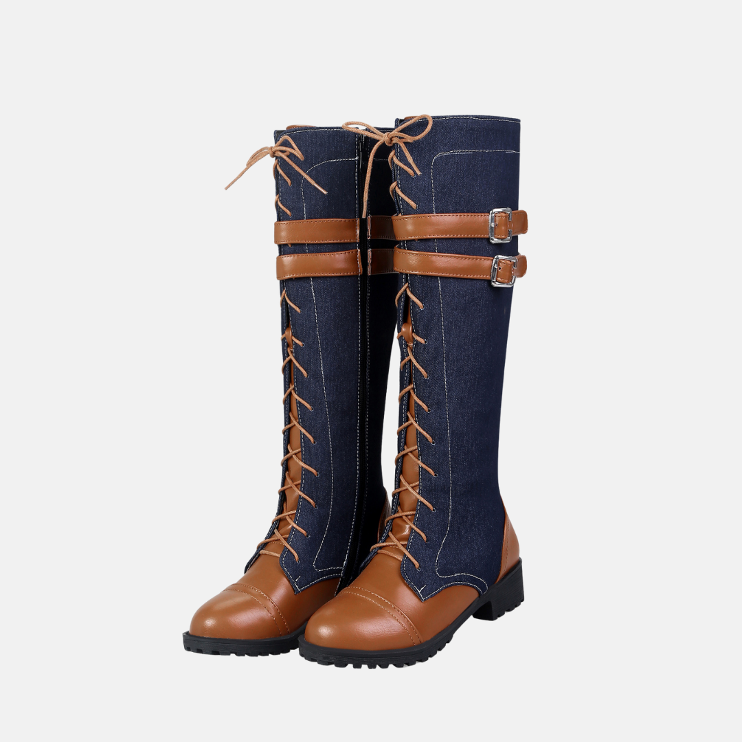 Lune London | Knee socks - Faux leather - Lacing in front - Buckle strap - Low block heel