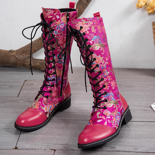 Lune London | Floral Embroidery Fuchsia Faux Leather Boots