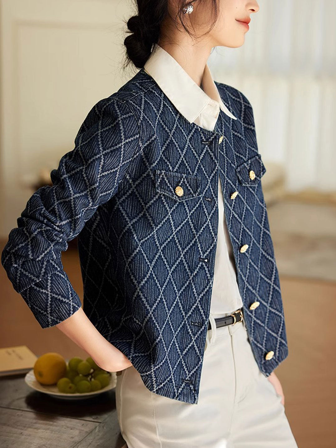 Lune London | Elegant Diamond Jacquard Denim Jacket