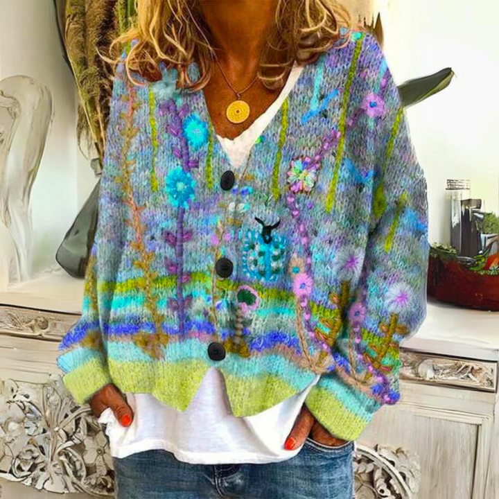 Lune London | Boho style knit jacket with floral accents - Comfortable and trendy cardigan for leisure and everyday use