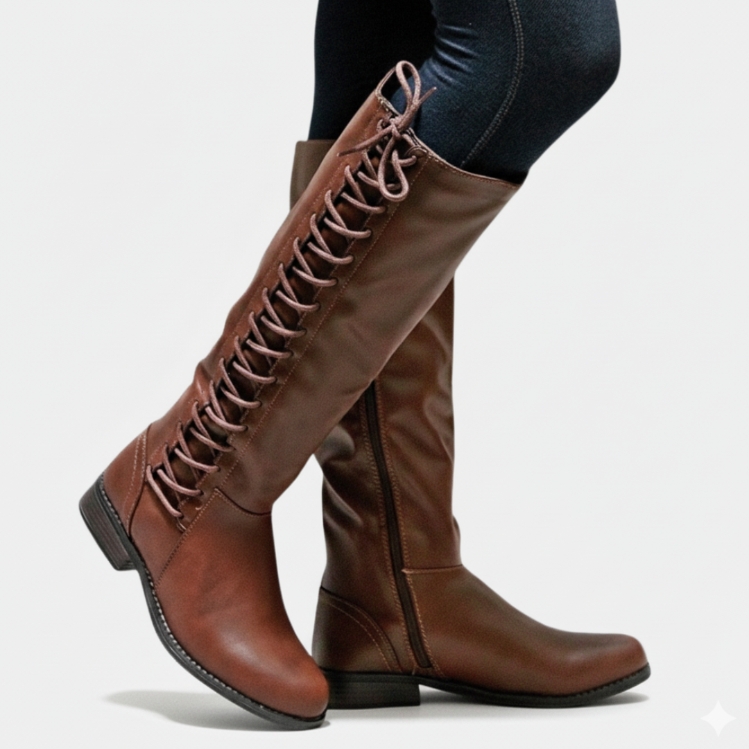 Lune London | Knee-high Boots - Faux Leather - Cross Lacing - Side Zipper - Block Heel