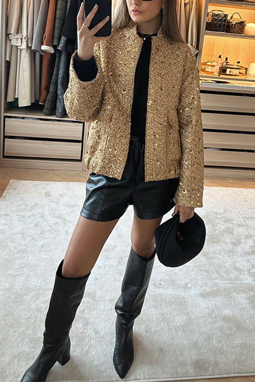 Lune London | Stand Collar Zip-Up Pockets Sequin Jacket