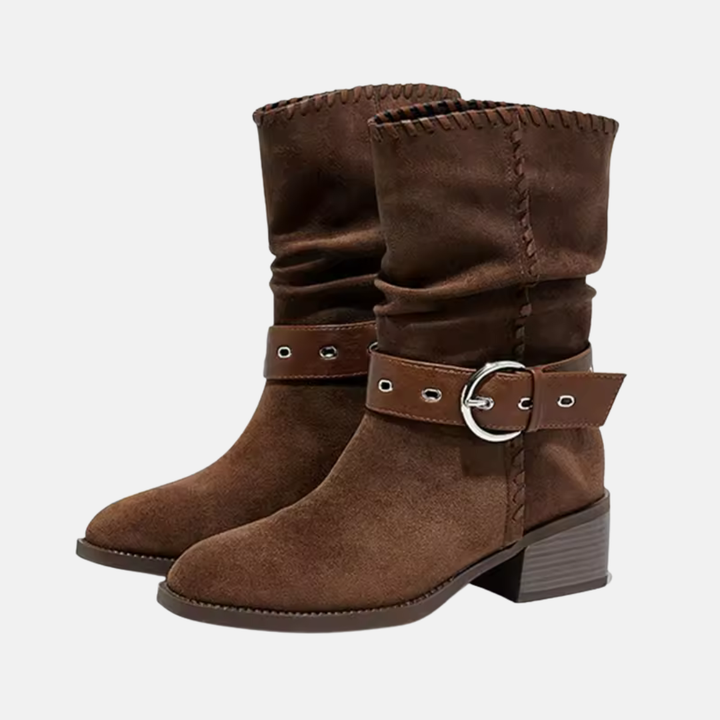 Lune London | Boots - Faux Suede - Mid-Calf Slouchy Shaft - Almond Toe - Block Heel