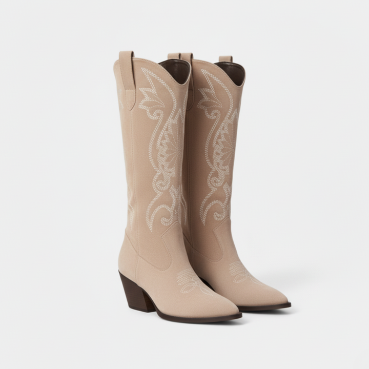 Lune London | Boots - Synthetic Leather - Knee Length - Embroidered Western - Block Heel