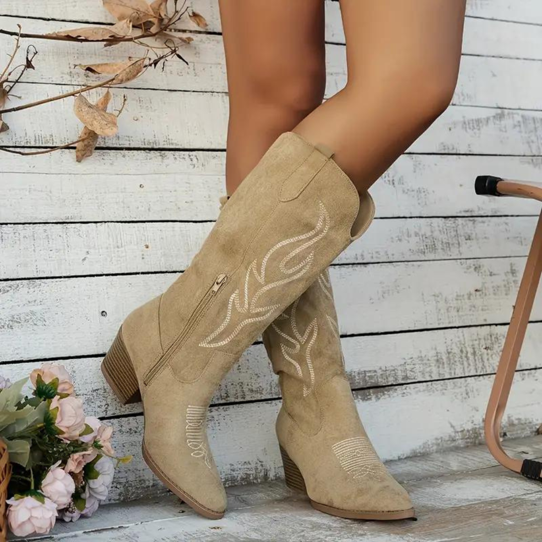 Lune London | Cowboy Boots Retro Chunky Heel Pointed Boots with Stylish Side Zipper