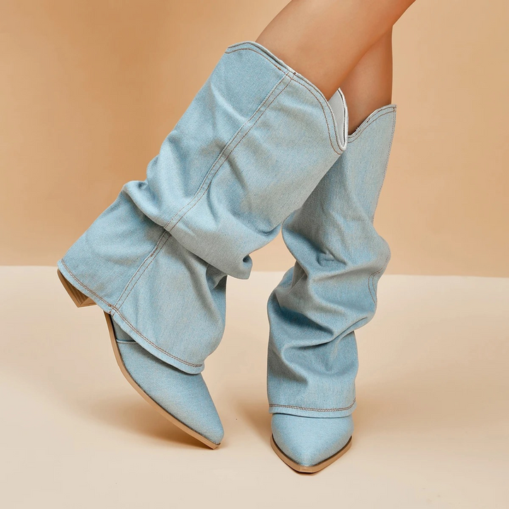 Lune London | Pleated Denim Boots with Block Heel