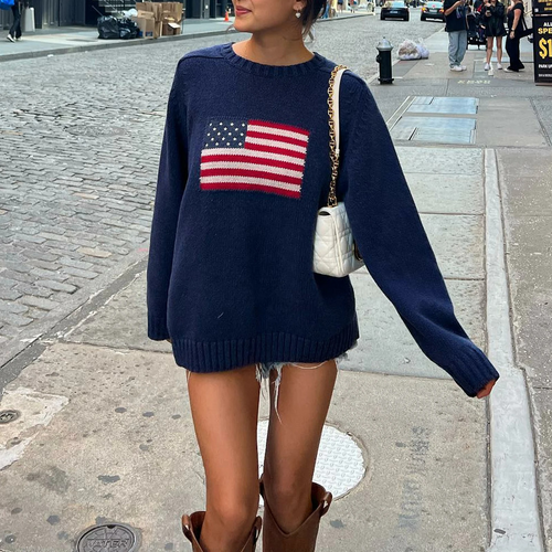Lune London - Streetwear Autumn Knit Sweater with American Flag for Women