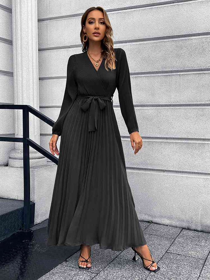 Lune London | V-neck Tie Belt Pleated Maxi Dress
