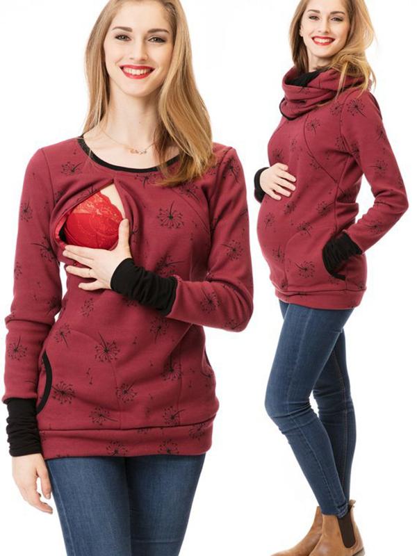 Lune London | Maternity Chaps Nurse Sweatshirts Flower Print Pockets Zipper Nursing Clothing