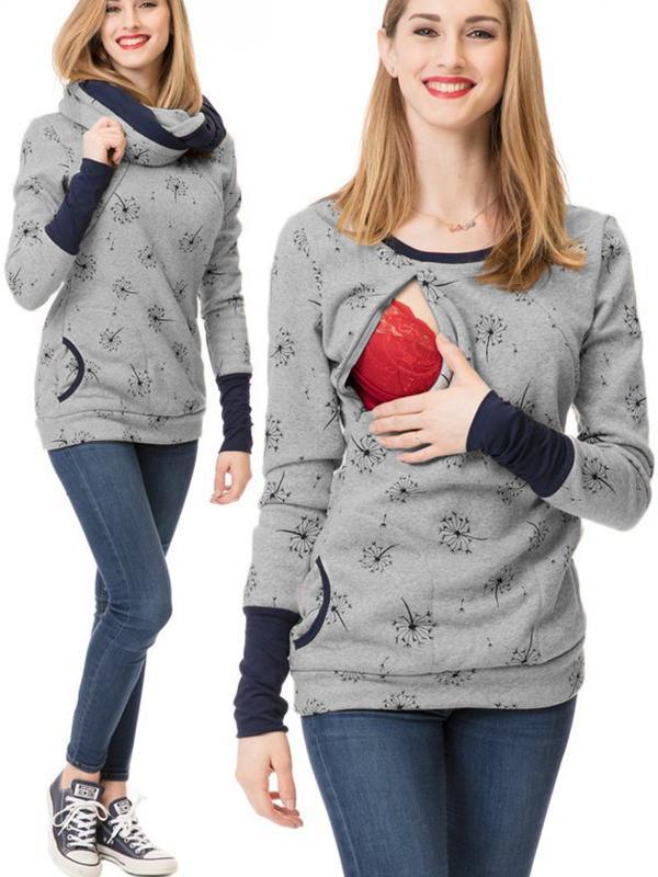 Lune London | Maternity Chaps Nurse Sweatshirts Flower Print Pockets Zipper Nursing Clothing