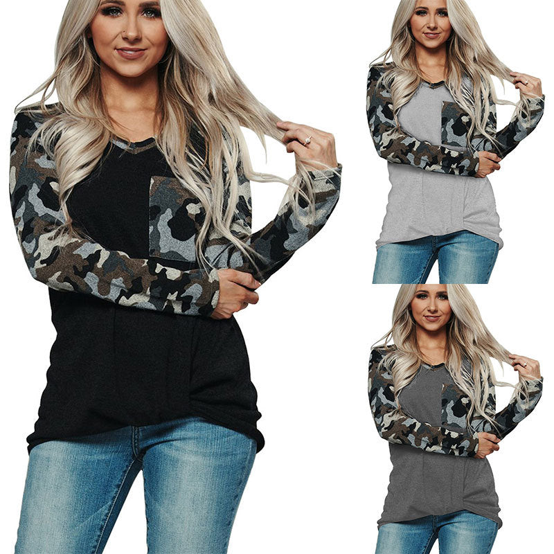 Casual long sleeve t-shirt for women with a unique camouflage design on the sleeves and a chic chest pocket style