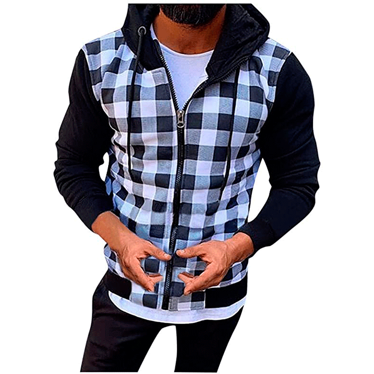 Hooded checkered fashion jacket for men with functional zipper and contrasting sleeves Lune London