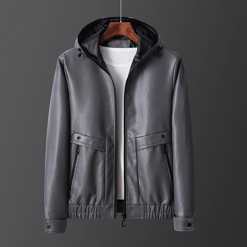 Lightweight faux leather jacket for men with hood and practical zip pockets Lune London