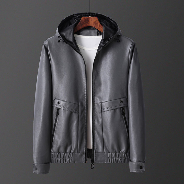 Lightweight faux leather jacket for men with hood and practical zip pockets Lune London