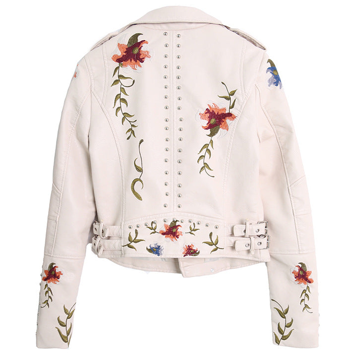 Ladies elegant biker jacket with floral embroidery and studs Lune London