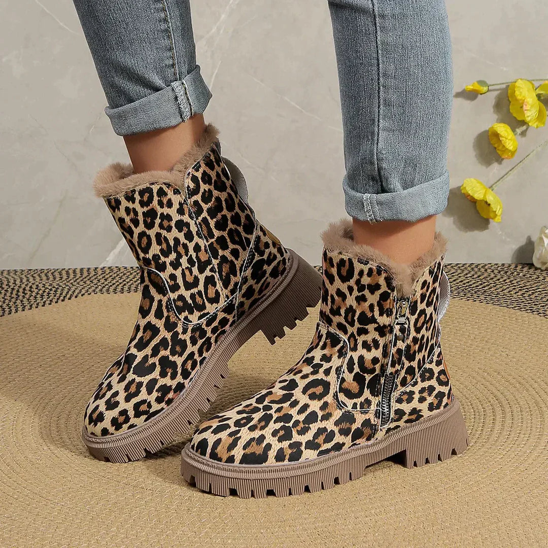 Lune London | Winter Leopard Pattern Reinforced Velvet Snow Boots