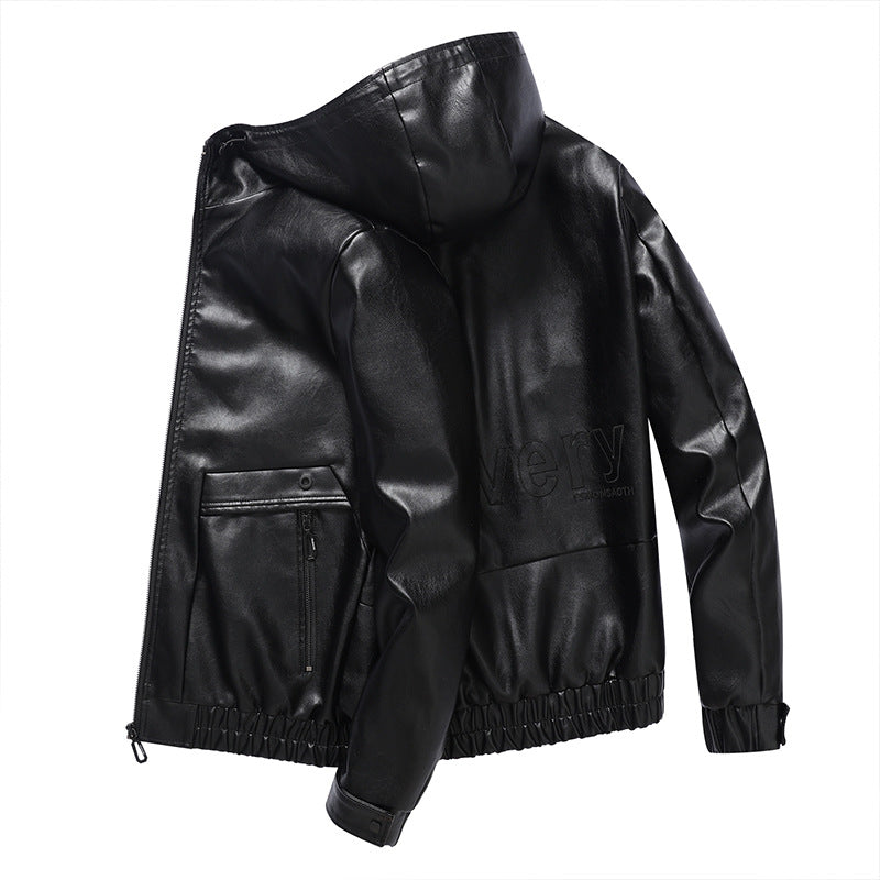 Lightweight faux leather jacket for men with hood and practical zip pockets Lune London