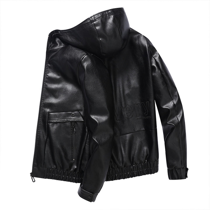 Lightweight faux leather jacket for men with hood and practical zip pockets Lune London