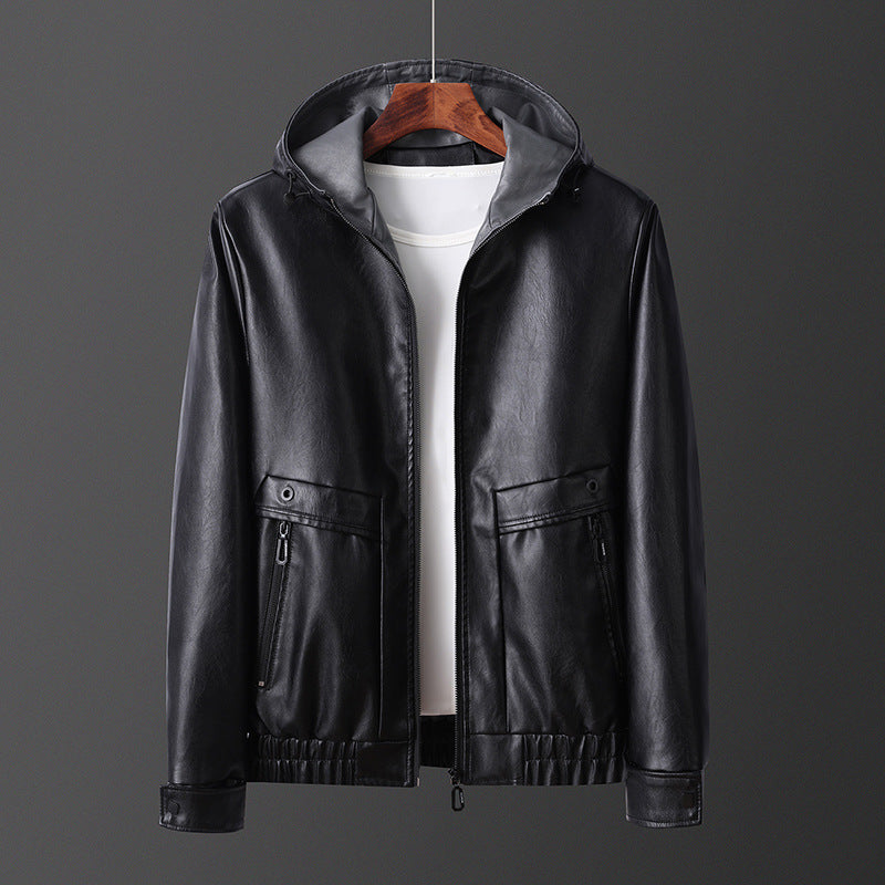Lightweight faux leather jacket for men with hood and practical zip pockets Lune London