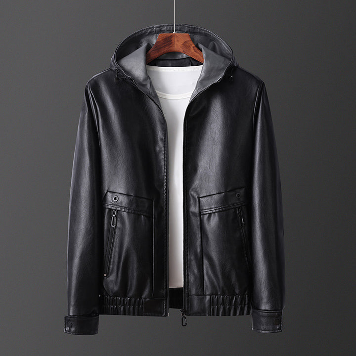 Lightweight faux leather jacket for men with hood and practical zip pockets Lune London