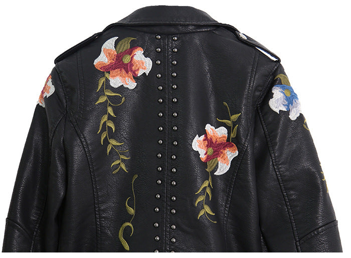 Ladies elegant biker jacket with floral embroidery and studs Lune London