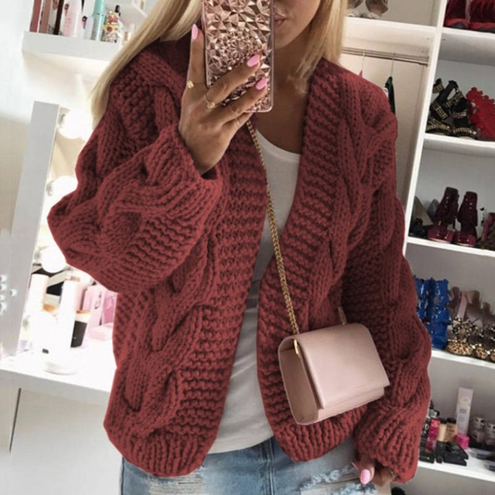 Knit jacket for women with trendy design in chunky knit with deep V neckline Lune London
