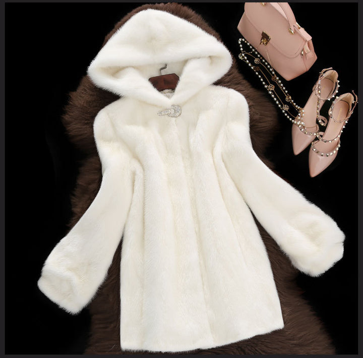Women's faux fur coat with stylish hood and classic cut Lune London