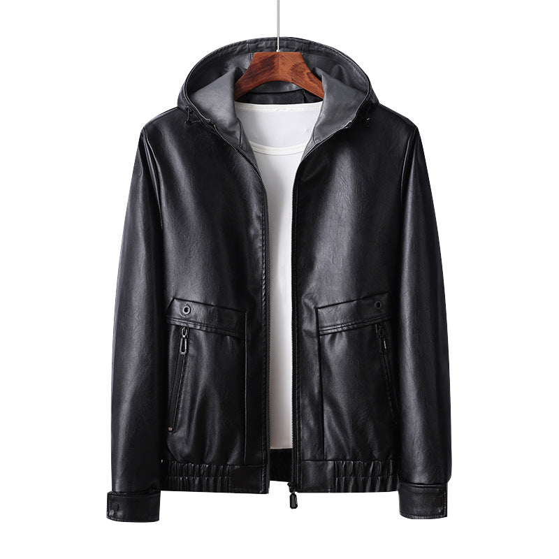 Lightweight faux leather jacket for men with hood and practical zip pockets Lune London