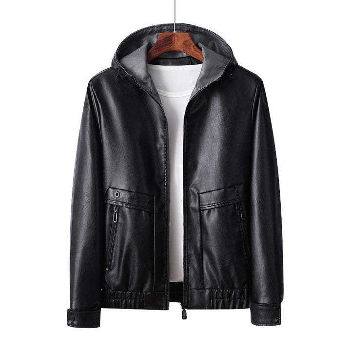 Lightweight faux leather jacket for men with hood and practical zip pockets Lune London