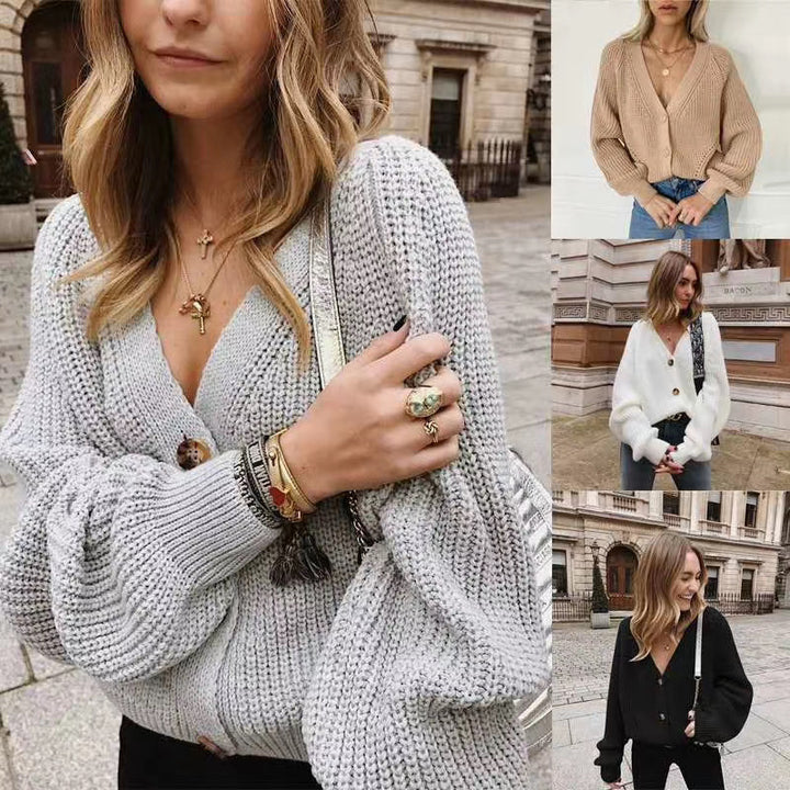 Knit jacket for women with plunging V-neck and buttons Lune London