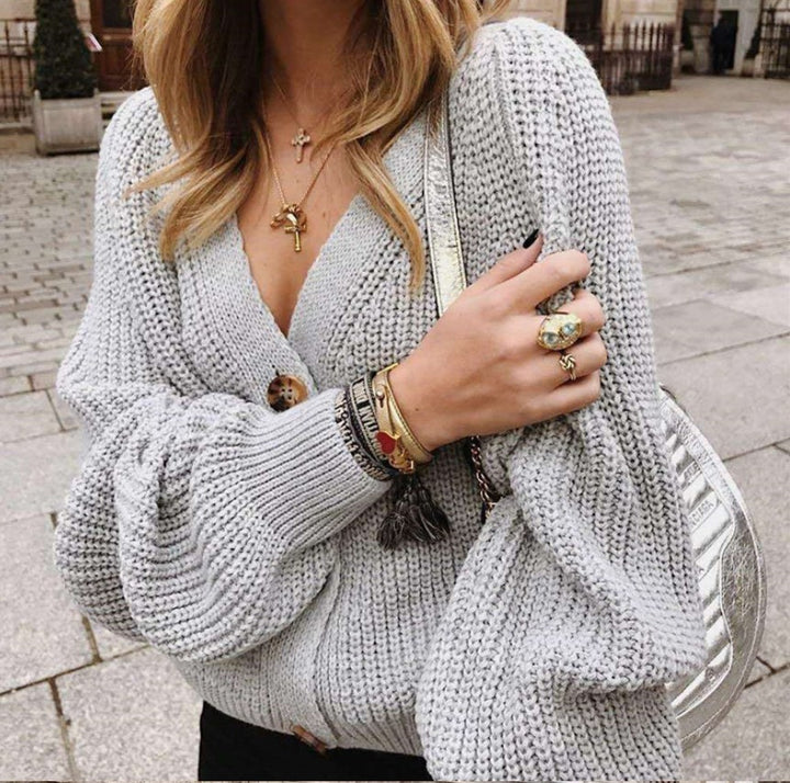 Knit jacket for women with plunging V-neck and buttons Lune London