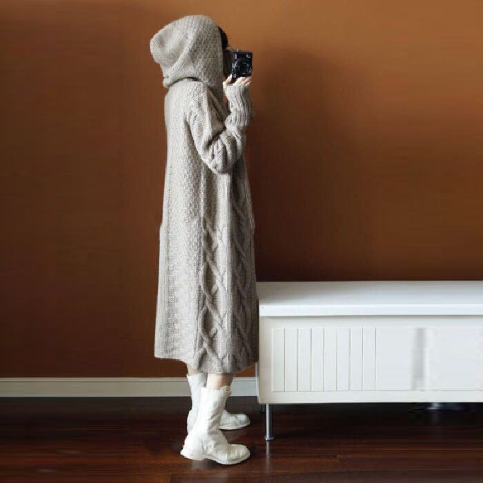 Knitted jacket for women with hood and fine structured pattern Lune London