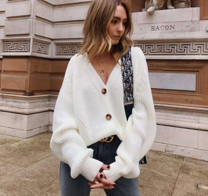 Knit jacket for women with plunging V-neck and buttons Lune London