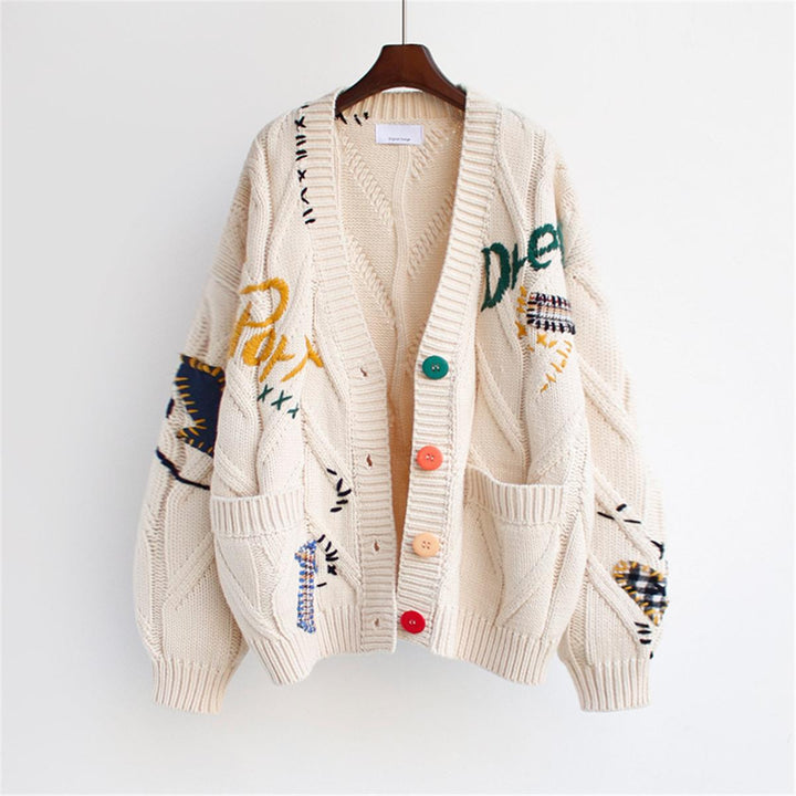 Casual knitted jacket for women with colorful appliqués and generous pockets Lune London