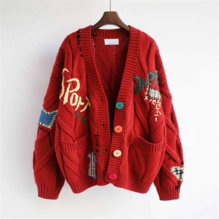 Casual knitted jacket for women with colorful appliqués and generous pockets Lune London