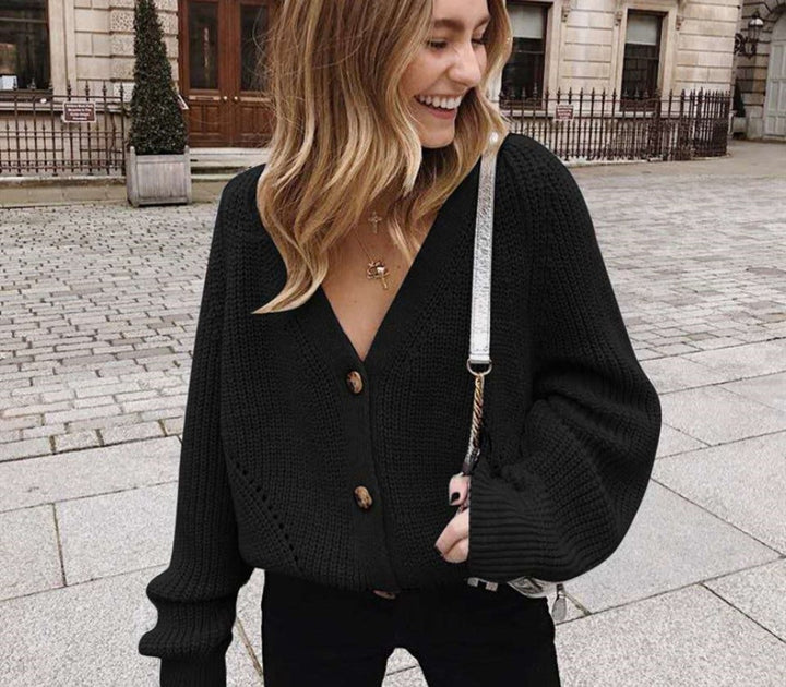 Knit jacket for women with plunging V-neck and buttons Lune London