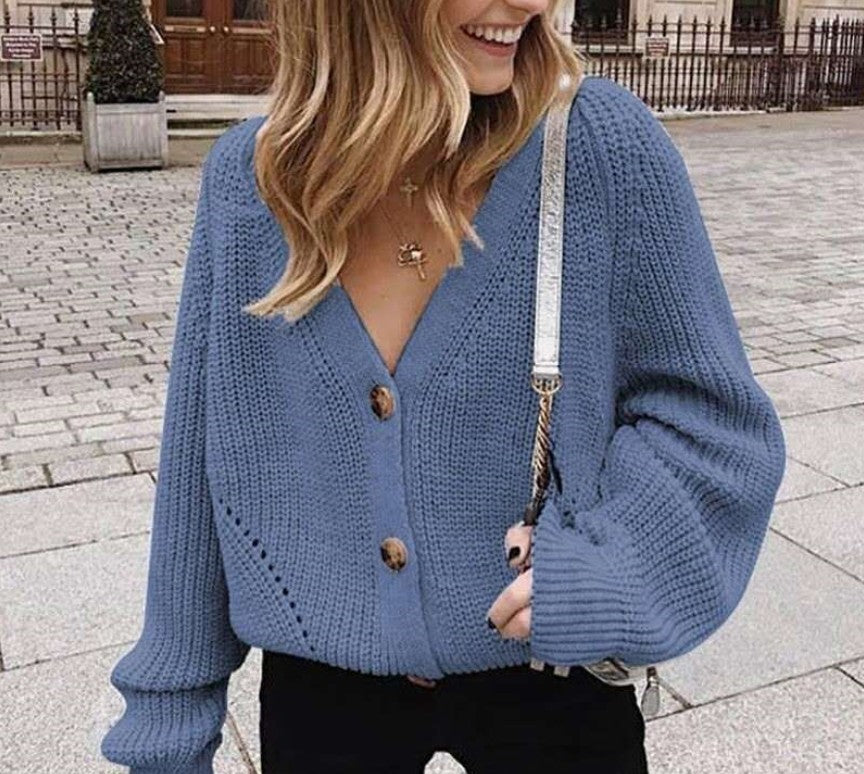Knit jacket for women with plunging V-neck and buttons Lune London