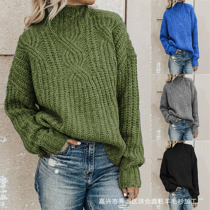 Thick knitted sweater for women with a high collar and cable knit pattern Lune London