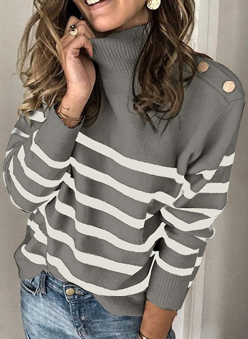 Women's high collar sweater with striped pattern and decorative buttons Lune London