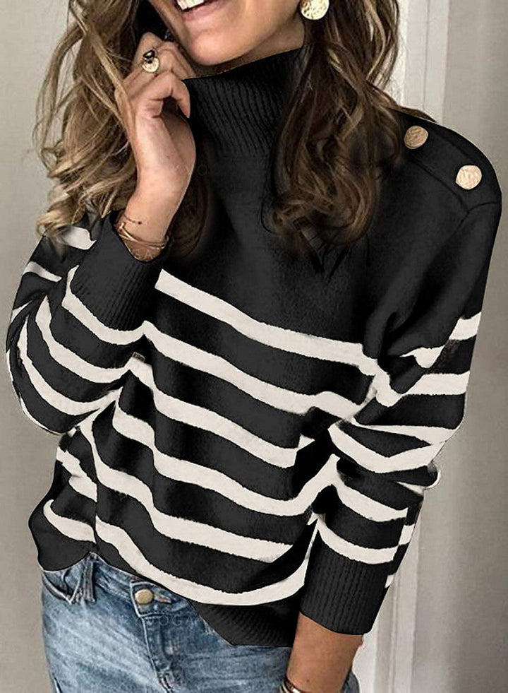 Women's high collar sweater with striped pattern and decorative buttons Lune London