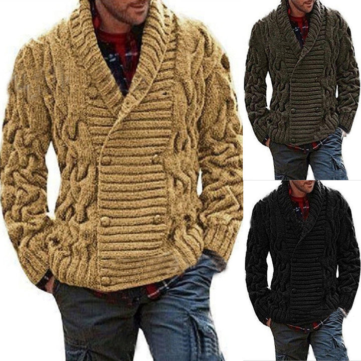 Men's knit jacket with double-breasted buttons and creative cable pattern Lune London
