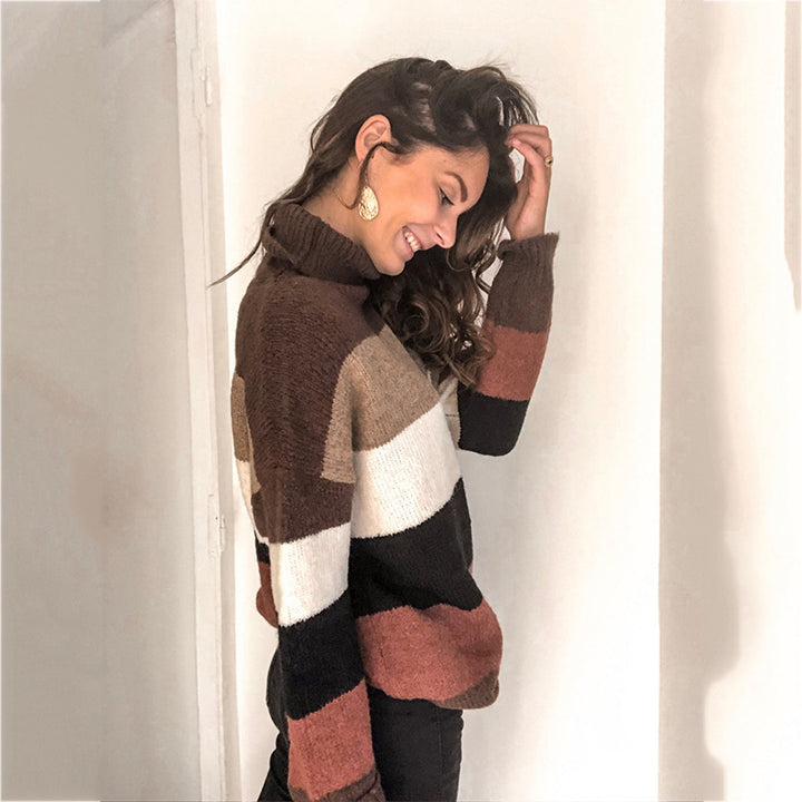 Ladies thick knit sweater with high collar and striped design Lune London