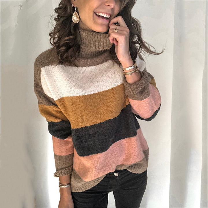 Ladies thick knit sweater with high collar and striped design Lune London