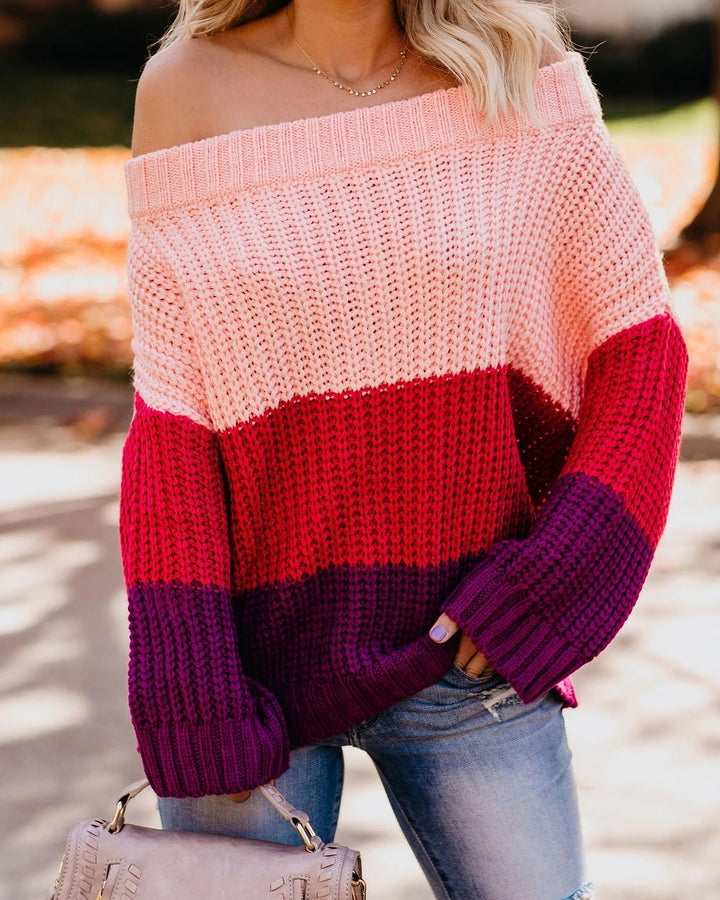 Casual chunky knit sweater for women with off-shoulder design and decorative color combination Lune London