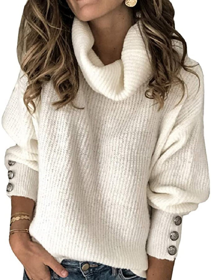 Chunky knit sweater for women with high collar and decorative button details Lune London
