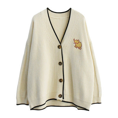 Ladies Chunky Knit Cardigan with French Buttons and Elegant Animal Application Lune London