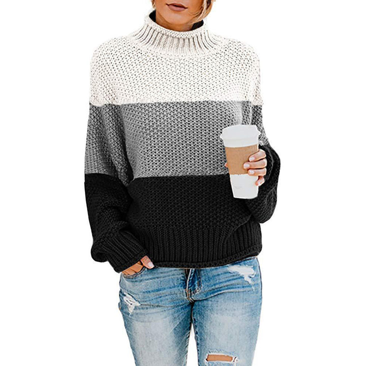 Trendy chic and style women's knitted sweater with high collar and color block design