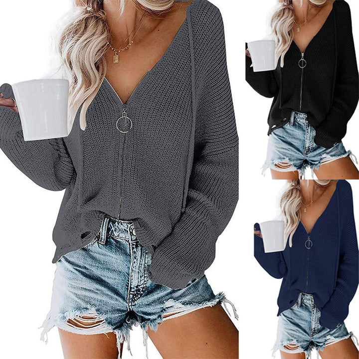 Knit V-neck sweater for women with full zip and relaxed fit Lune London