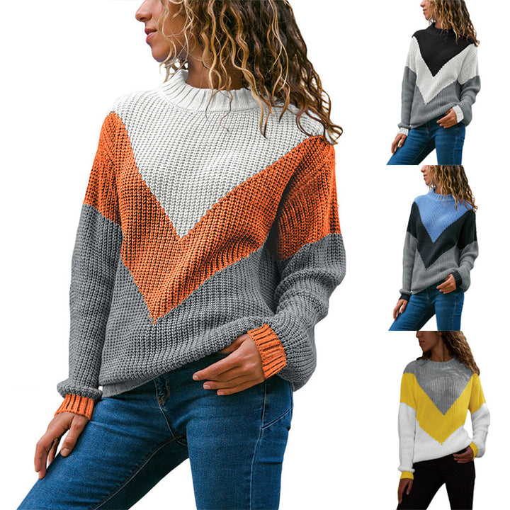Women's thick knit sweater with a modern V-neck and a chic color block design